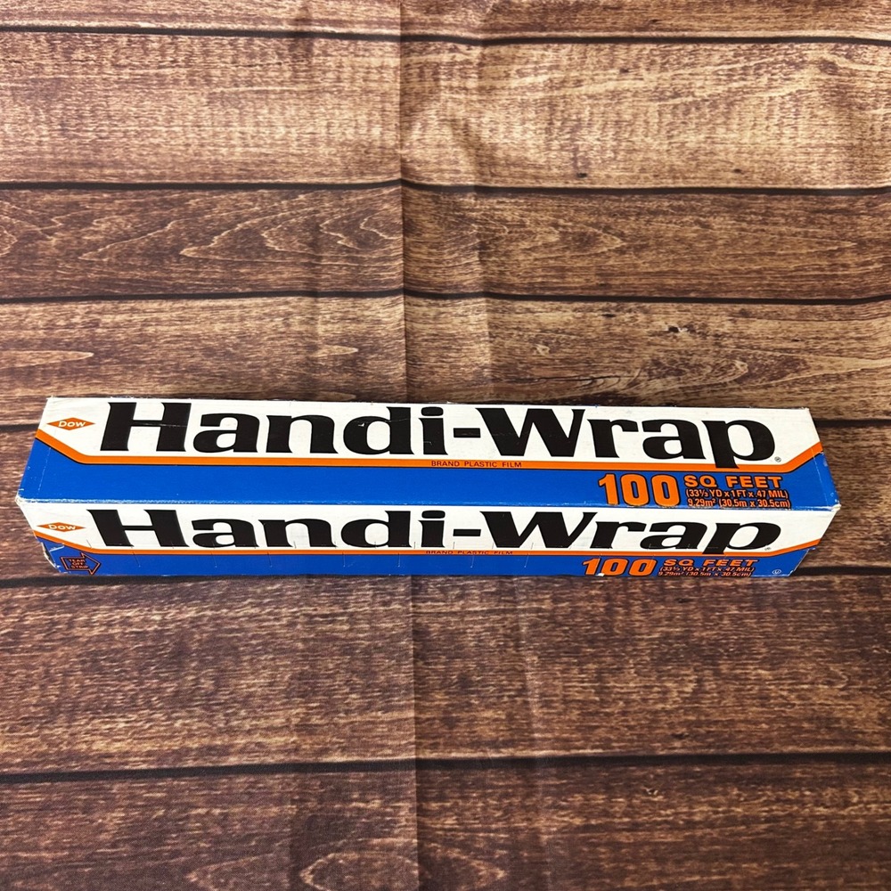 Vintage 1974 Dow Handi-Wrap Plastic Film 100 Sq Ft Roll Retro Kitchen Prop Box